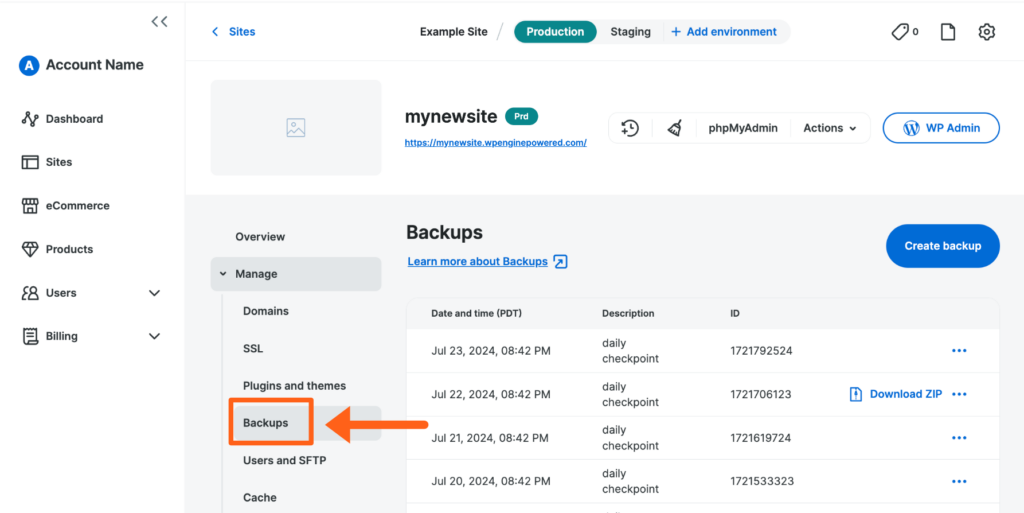 Screenshot of an environment's Backups page in the WP Engine User Portal
