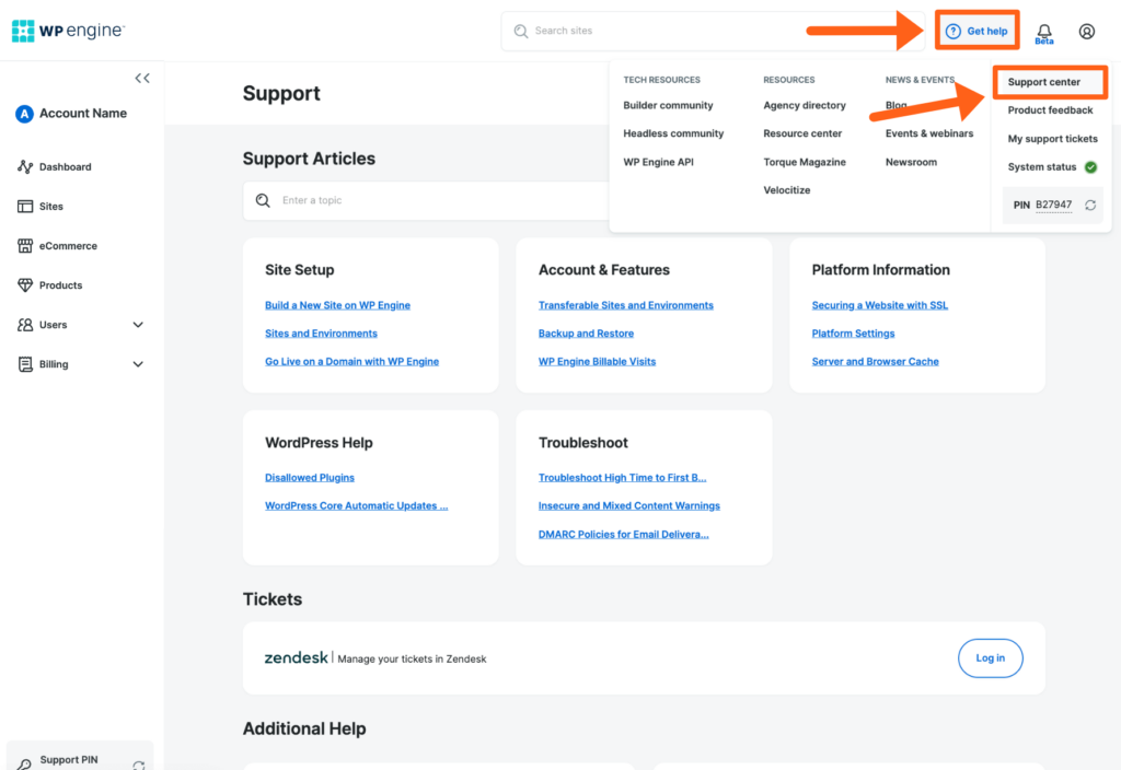 Screenshot of the Support page in the WP Engine User Portal