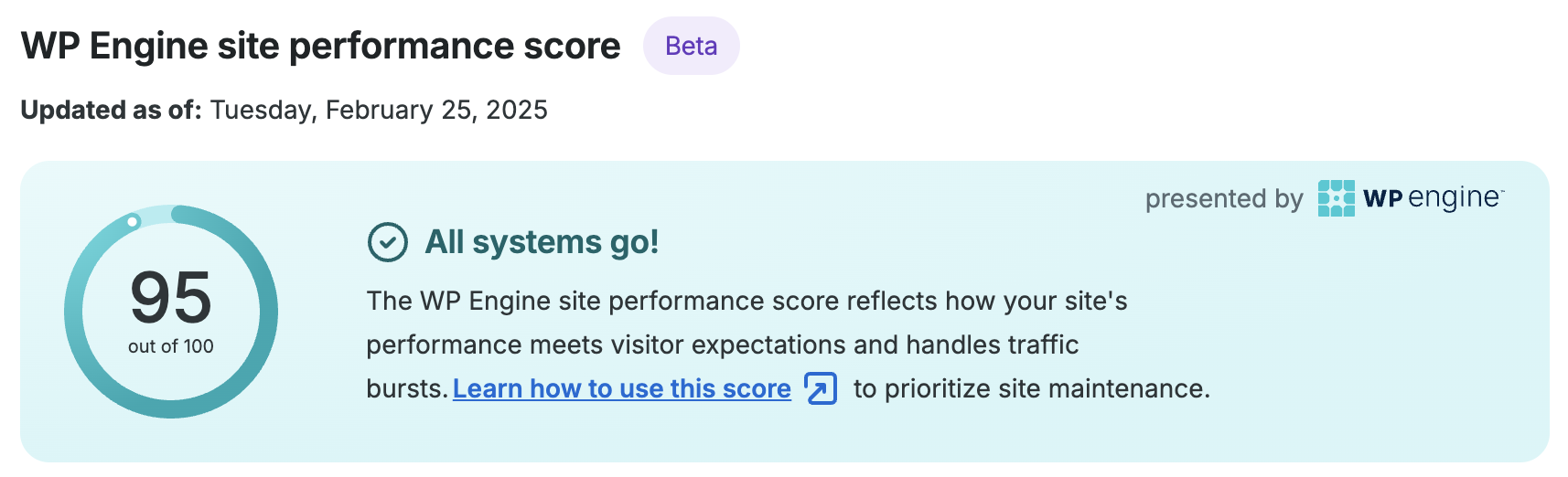 Screenshot of the WP Engine Site Performance Score on an environments Performance page in the WP Engine User Portal 